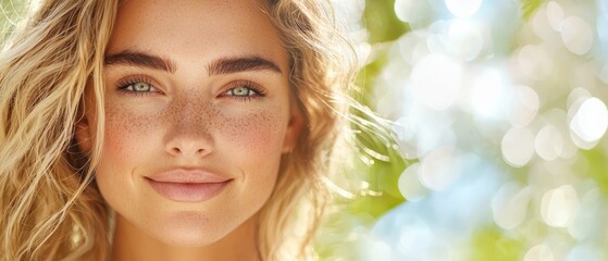 Fototapeta premium A close-up of a woman with freckles dotting her face, surrounded by trees in the background