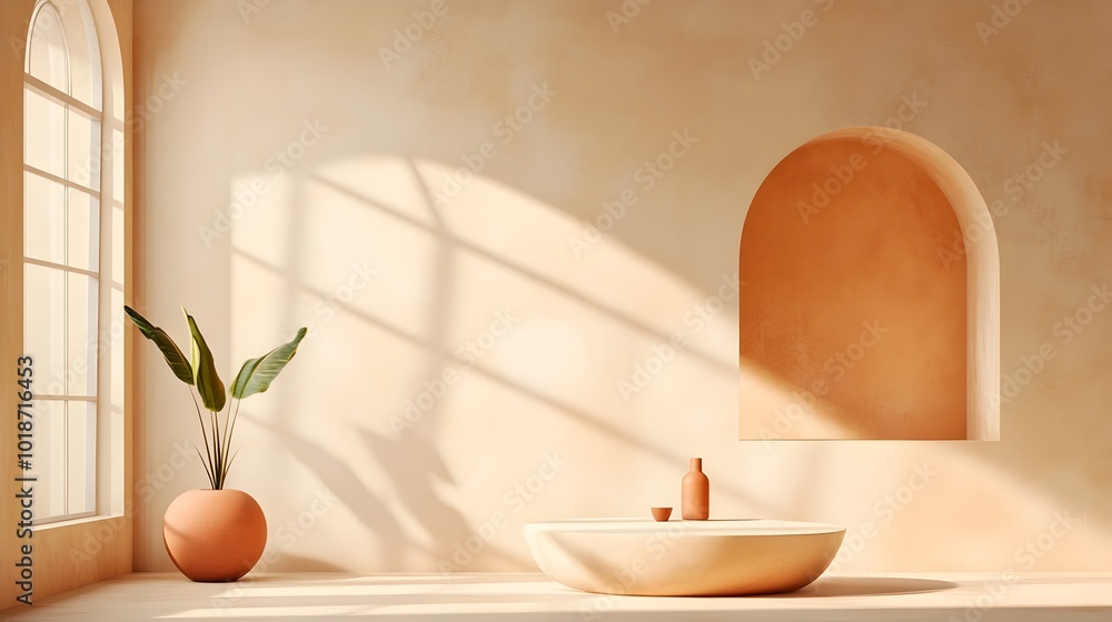 Poster Elegant and minimalist 3D studio room with warm ochre background empty floor and wall product podium shadow overlay from window and soft natural sunlight for mockup