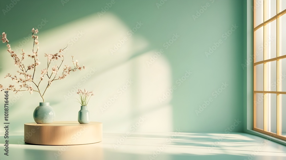 Poster Minimalist 3D studio room with a calming celadon green background empty floor and walls and a product podium  A soft shadow overlay from a nearby window illuminates the countertop creating a natural