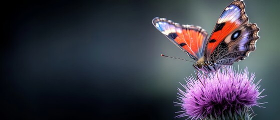 Obraz premium A red-and-blue butterfly atop a purple flower; stem green against black backdrop