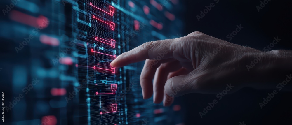 Poster a hand interacting with a digital interface featuring glowing buttons and graphics.