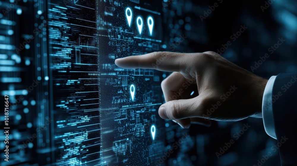 Poster a hand interacting with a digital touch screen display, showcasing data points and modern interface 