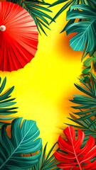 Naklejka premium Vibrant summer-themed vertical banner with large red beach umbrella and lush tropical leaves on wet sandy backdrop. Warm, sunny, relaxing vibe, perfect for summer promotions, travel, beach-themed ads