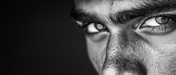  A monochrome image of a man's face against a black backdrop, his eyes starkly open
