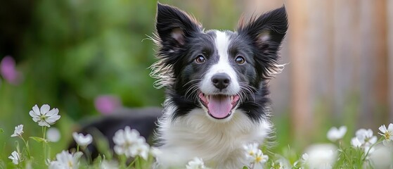  A close-up of a dog in a field of flowers with a fence in the background