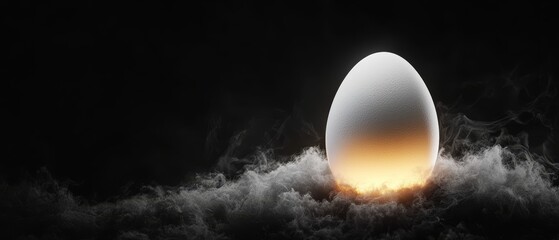 Obraz premium A white egg atop a black background, surrounded by a pile of smoking haze A bright light emanates from the egg's end