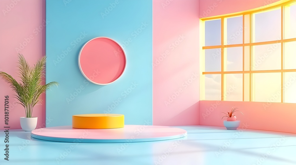 Poster sleek 3d studio room with pastel pink backdrop empty floor and wall product podium warm sunlight and