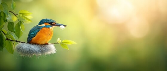 Fototapeta premium A vibrant bird perched on a tree branch, adjacent to a lush, green branch adorned with foliage