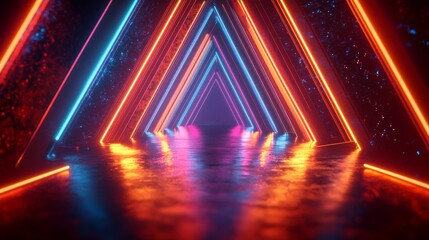 Abstract Neon Light Tunnel with Reflective Surface
