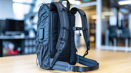 Fototapeta premium Black tactical backpack designed for durability and functionality, featuring multiple compartments and straps, suitable for travel or outdoor activities.