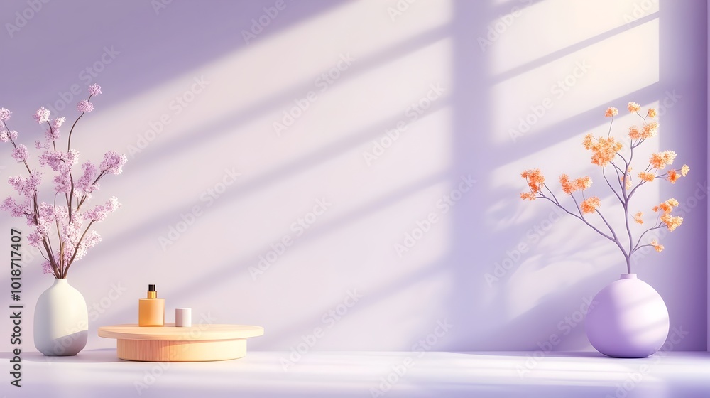 Poster minimalist 3d studio room setting with a soothing purple background an empty floor and wall a produc