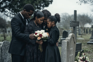 Family African American dressed in black gathers at cemetery embracing and holding flowers while mourning loss at gravesite, showing deep grief and solidarity