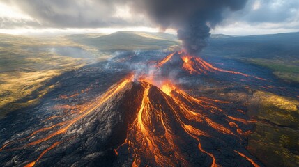 Aerial View of a Volcano Erupting with Lava Flowing Down its Sides