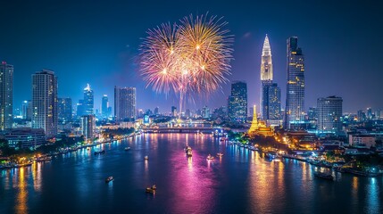 Obraz premium A stunning view of a city skyline at night with a dazzling fireworks display over the water.