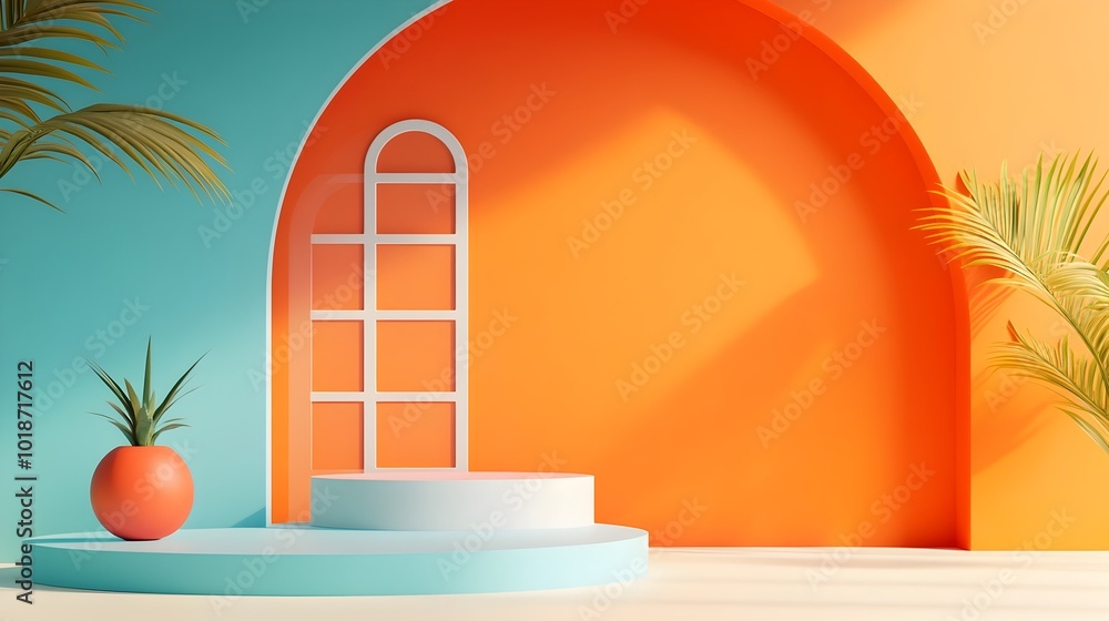 Poster minimalist and contemporary 3d studio room setting with vibrant tangerine background empty floor and