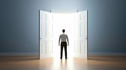 Obraz premium A person stands before open double doors, illuminated by a bright light, symbolizing opportunity and new beginnings.