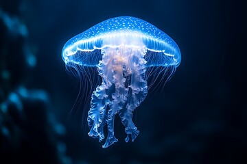 Fototapeta premium A luminous jellyfish with white spots gracefully swimming in dark blue water