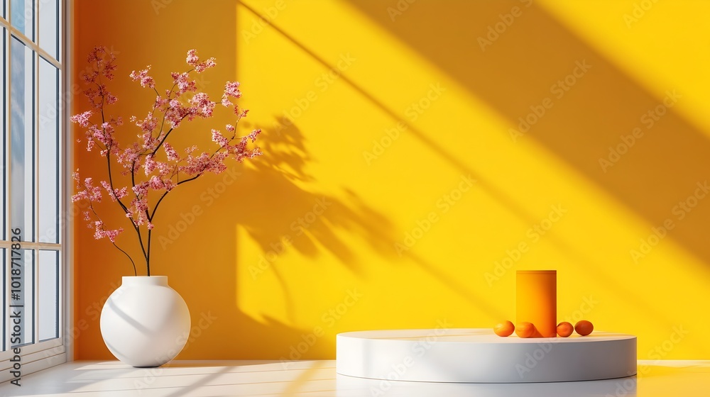 Poster 3d studio room with bold yellow background empty floor and wall with product podium shadow overlay f