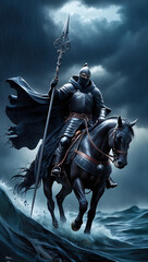 Naklejka premium A knight in full armor on a horse, holding a spear, amidst a stormy sea backdrop.