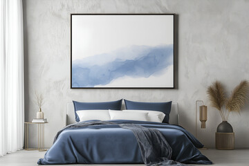 A blank framed artwork or poster, blank for design mockups, hanging on the wall of a bedroom over the bed, with a modern or stylish or minimalist interior, Empty picture frame mockup, Design template
