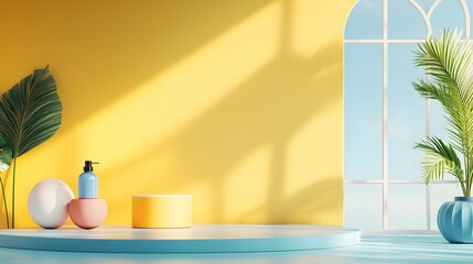 Minimalist 3D studio room with bold yellow background empty floor and wall product podium and natural sunlight overlay on the countertop  Mockup with a clean modern and bright design
