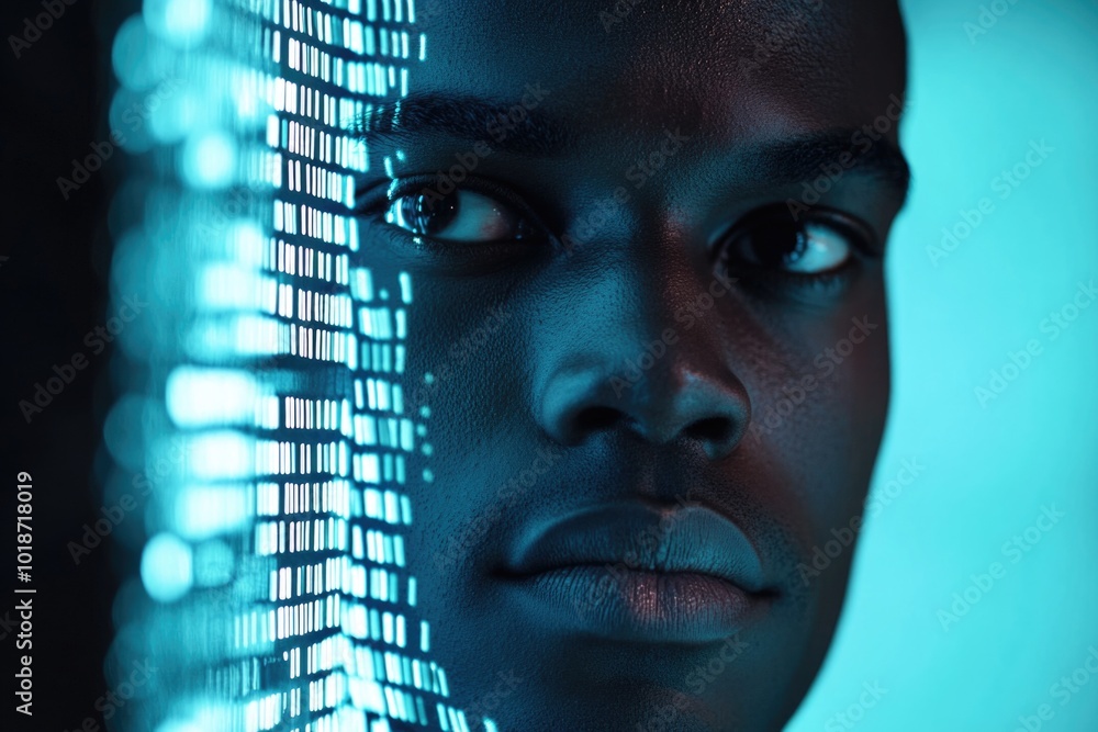 Poster close-up shot of a person's face in front of a computer screen, with a calm and focused expression