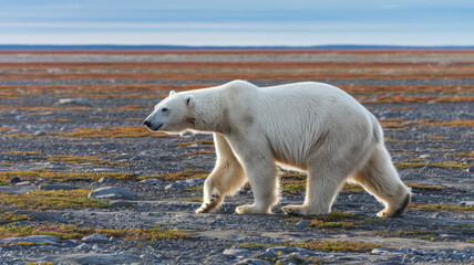 A photo of a polar bear walking across the tundra. The bear is walking along the edge of a body of water, with its head turned to the side, as if it is looking for something.  