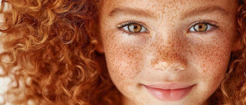  A tight shot of a young woman with freckles dotting her face and hair