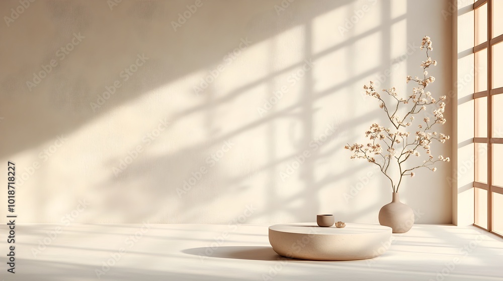 Aufkleber three dimensional studio room with warm beige background empty floor and wall with product podium sh