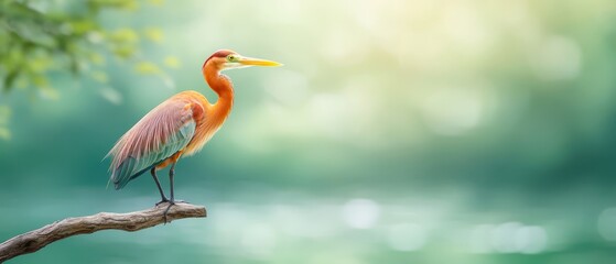  A bird perches on a tree branch against a hazy backdrop of water and another branch