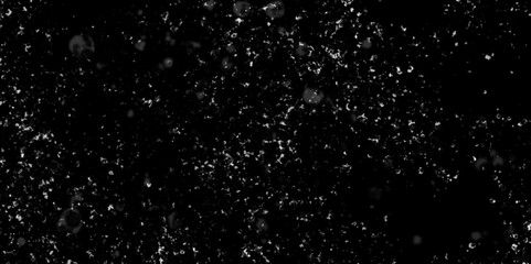 Obraz premium Falling realistic natural snowflakes on black background, The texture of white snow during a snowfall with various randomized snowflakes, white particles on black.
