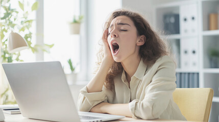 Obraz premium Tired businesswoman yawning at desk with open laptop in bright office depicting workplace fatigue and stress concept