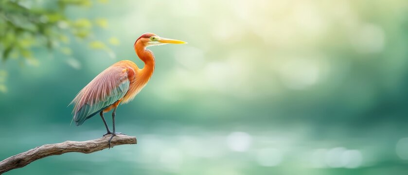  A bird perches on a tree branch against a hazy backdrop of water and another branch