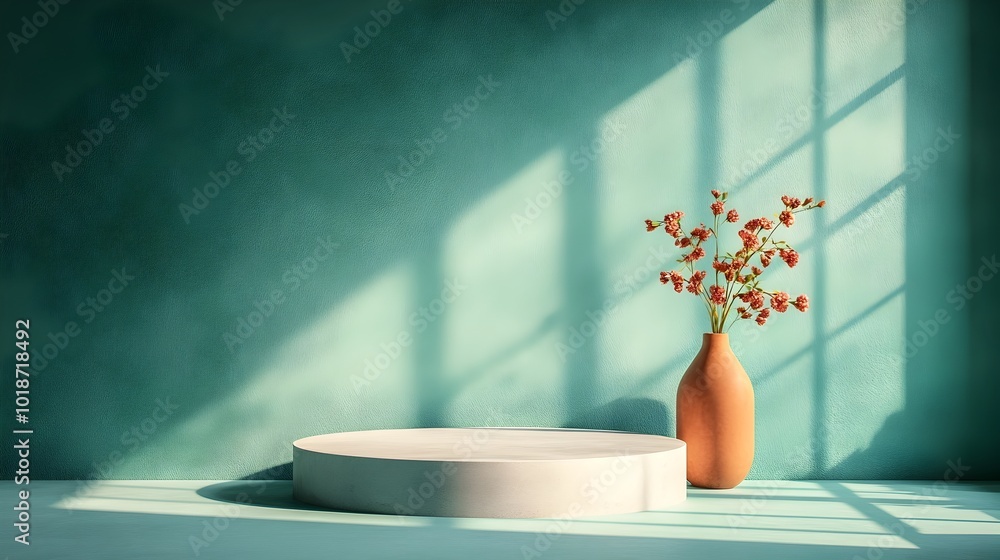 Poster empty 3d studio room with deep emerald green background concrete floor and wall central product podi