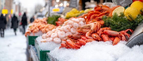 Fototapeta premium A person passes by, a heap of fresh seafood atop snow, street side