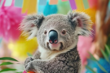 Close-up shot of a koala bear sitting on a tree branch, looking straight ahead