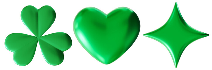 Green shamrock, heart and star shapes, all in smooth, glossy finish. Design is festive and perfect for St. Patrick's Day themes, symbolizing luck, love and celebration in vibrant green hue. 3D render