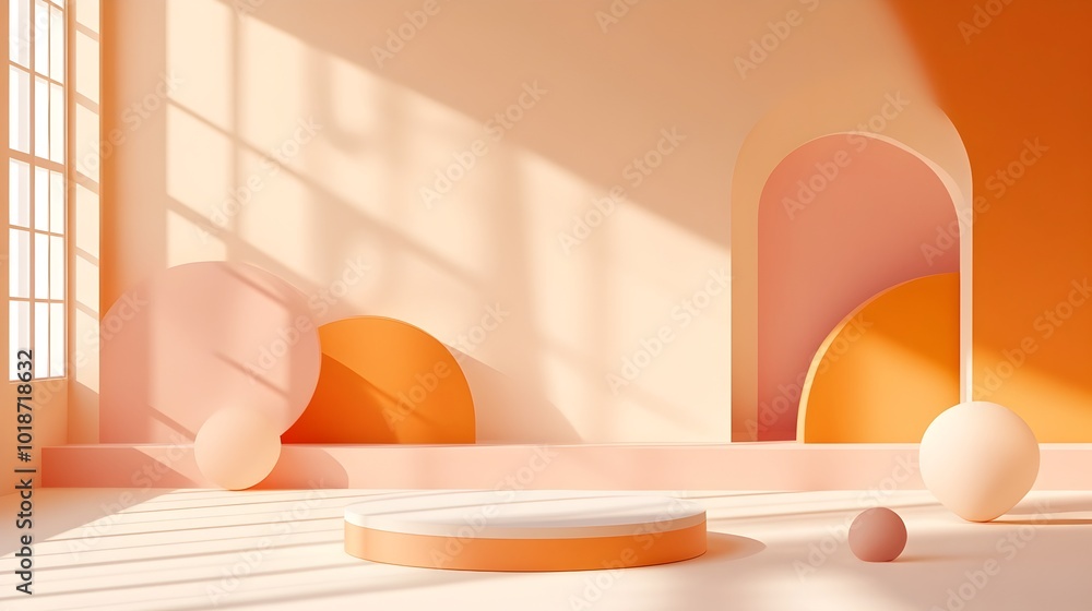 Poster elegant three dimensional rendering of warm beige studio room with window shadow overlay on product 