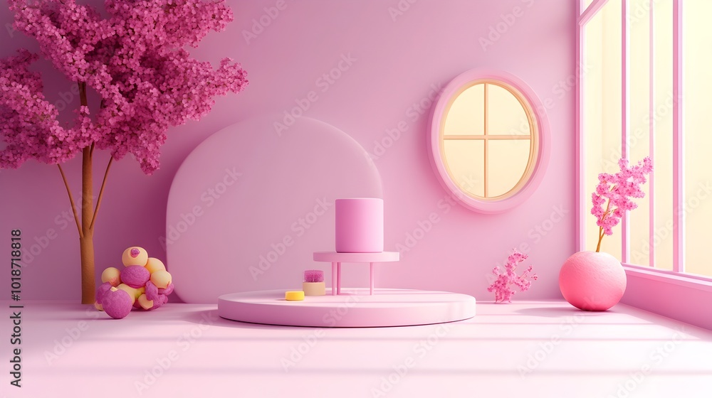 Poster soft lilac 3d studio room with empty minimalist floor and wall product podium display window shadow 