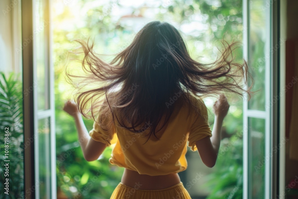 Canvas Prints A woman stands in front of an open window, natural light pouring in