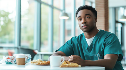 Healthcare professional in scrubs enjoying breakfast at a modern cafe with coffee and pastries healthcare lifestyle concept