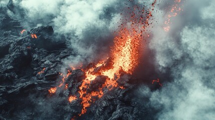 Molten Lava Erupting from a Volcano, Surrounded by Smoke and Ash