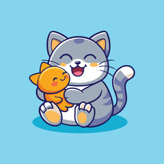 Happy Cat Holding Cute Kitten Cartoon Vector Illustration.