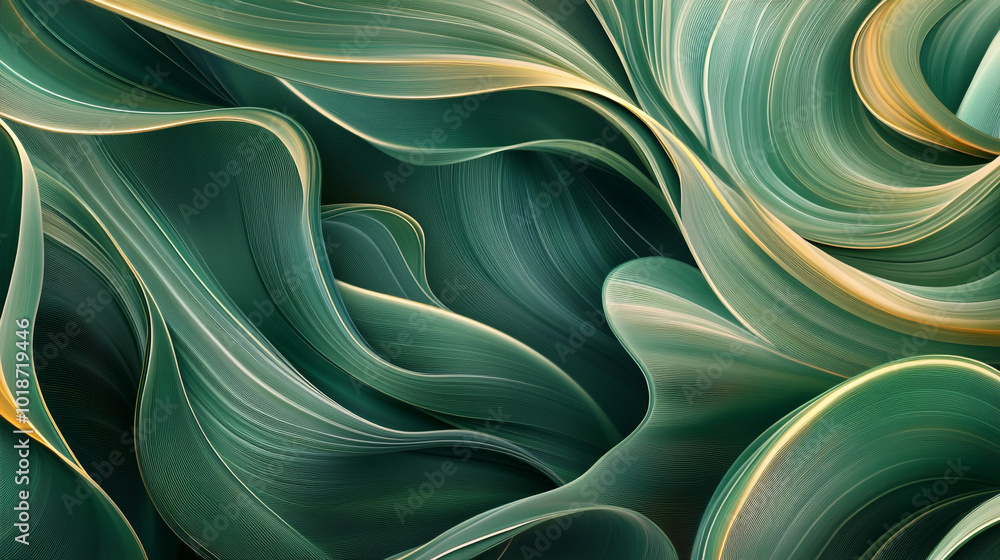Poster intricate green and gold abstract texture showcasing flowing patterns and smooth curves