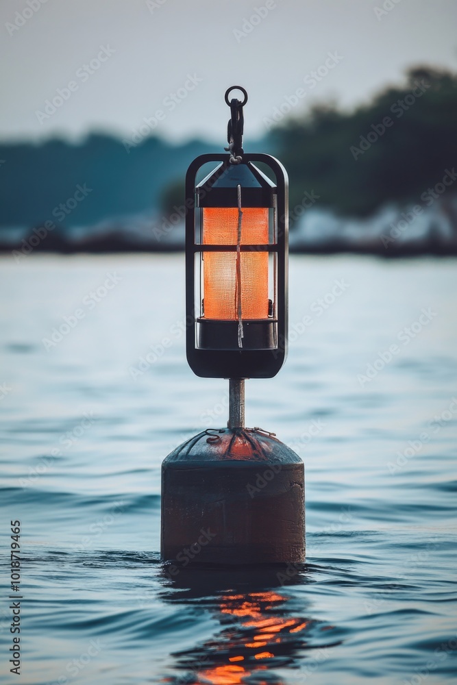 Poster a light sits on top of a buoy floating on calm water
