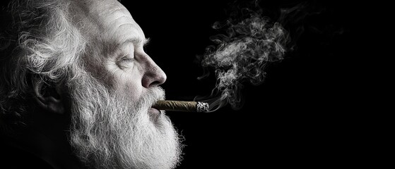  A man with long white hair and beard smokes cigarette in dim room, emitting smoke
