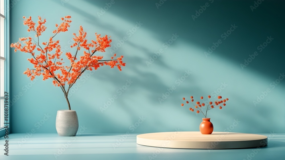 Poster minimalist 3d studio room setting with deep blue background empty floor and wall and a product podiu