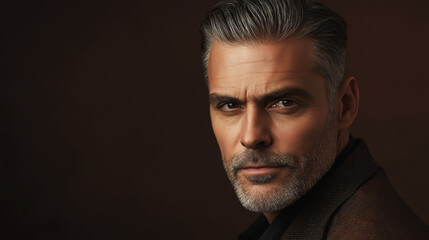 Obraz premium Confident mature man with salt and pepper hair, intense gaze, wearing dark elegant jacket, serious expression, contemplative mood, masculinity concept