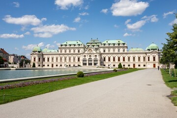 Belvedere chateaux in Vienna, Austria with Grosse Basin pool and unrecognizable people