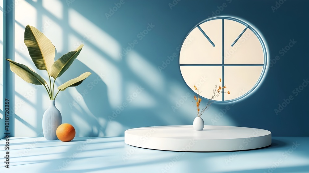 Poster elegant 3d studio room with navy blue background empty minimalist floor and wall dynamic shadow over
